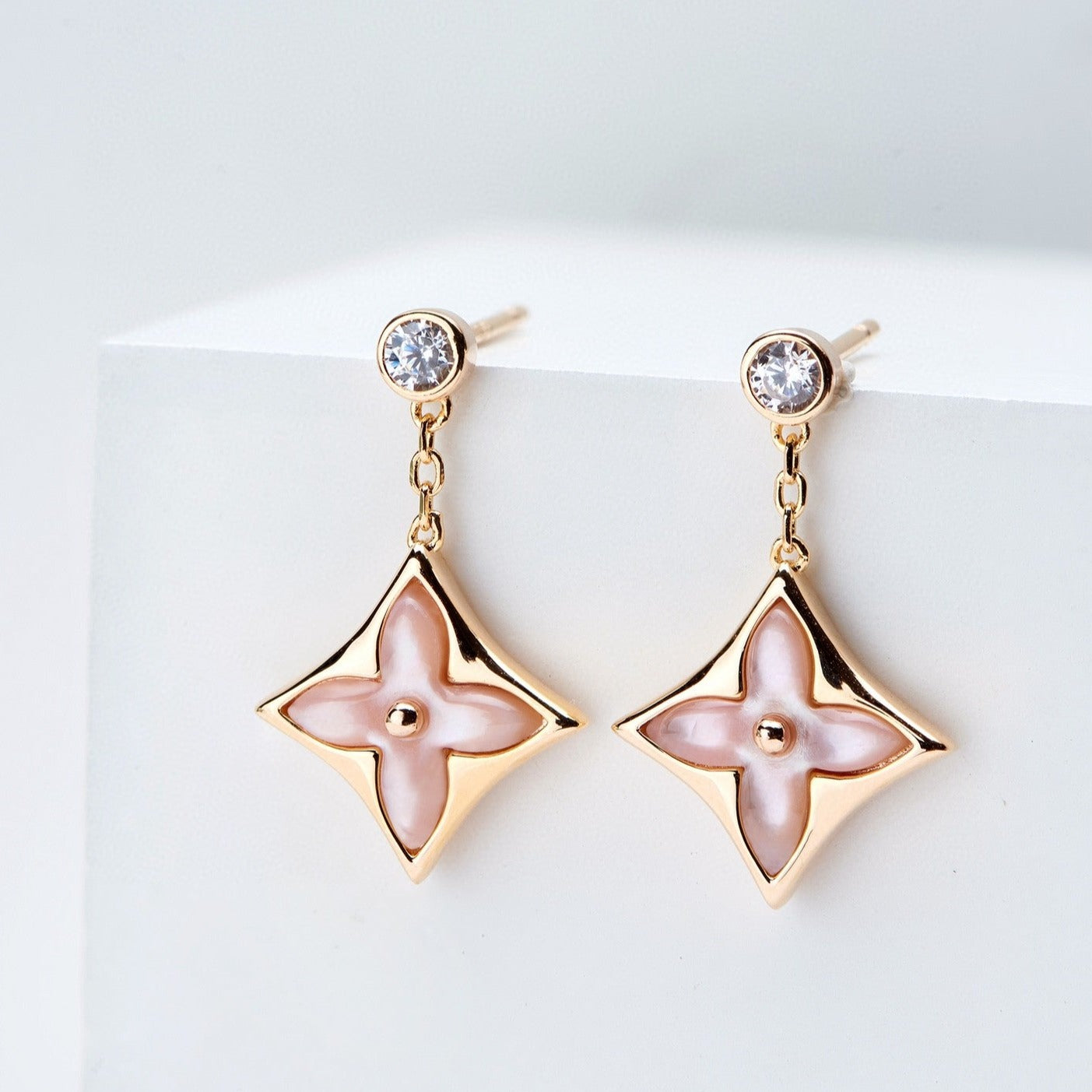 [Triumph Jewelry]DOUBLE STAR PINK GOLD MOP DROP EARRINGS