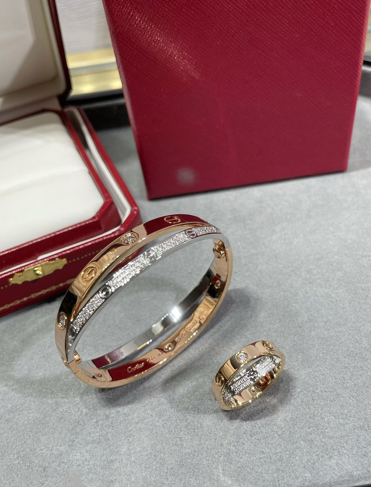 [Triumph Jewelry]LOVE PINK GOLD SILVER DIAMOND DOUBLE RING