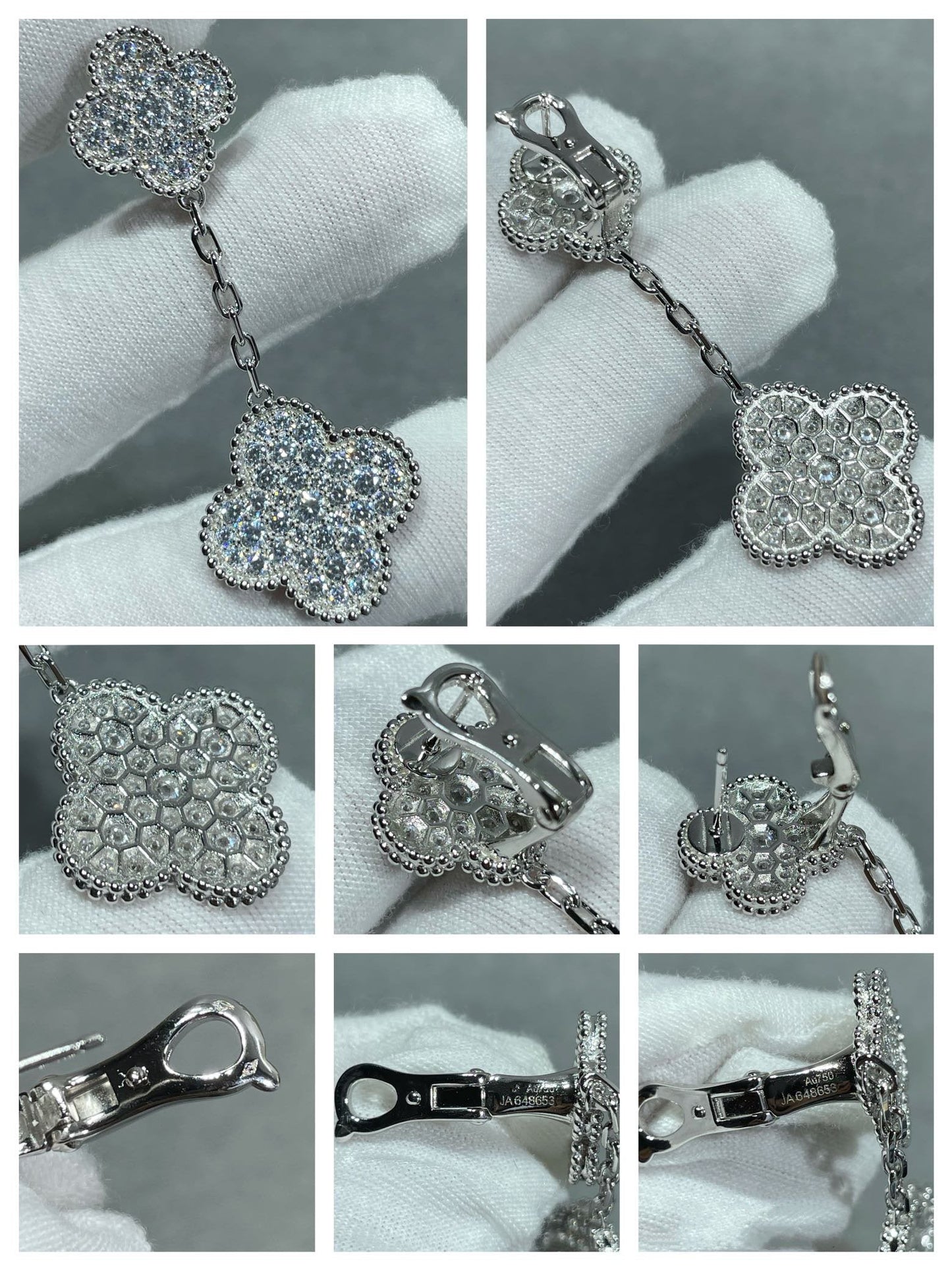 [Triumph Jewelry]CLOVER 2 MOTIFS DIAMOND PAVED SILVER EARRINGS