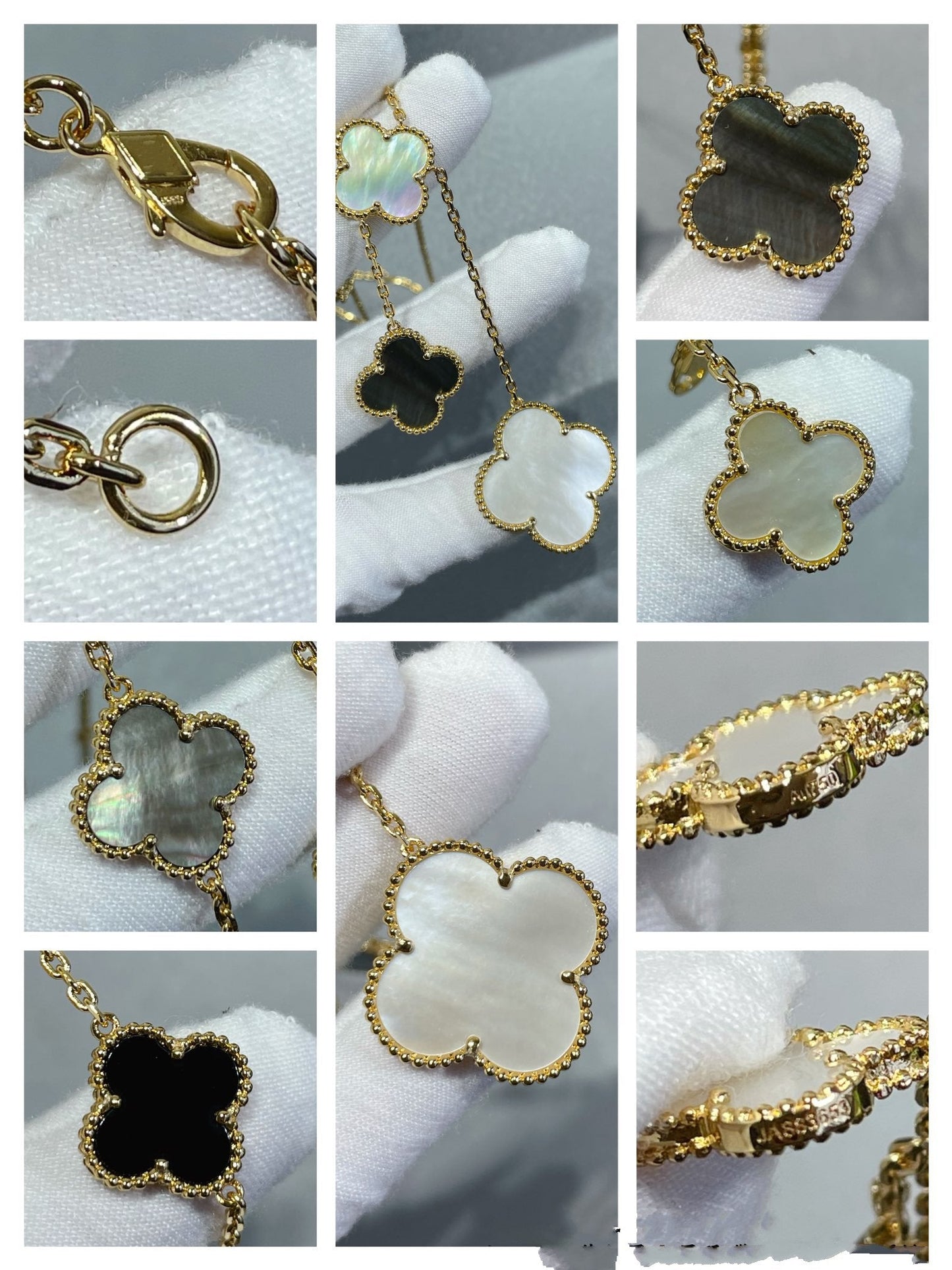 [Triumph Jewelry]CLOVER 6 MOTIF MOP ONYX GOLD NECKLACE