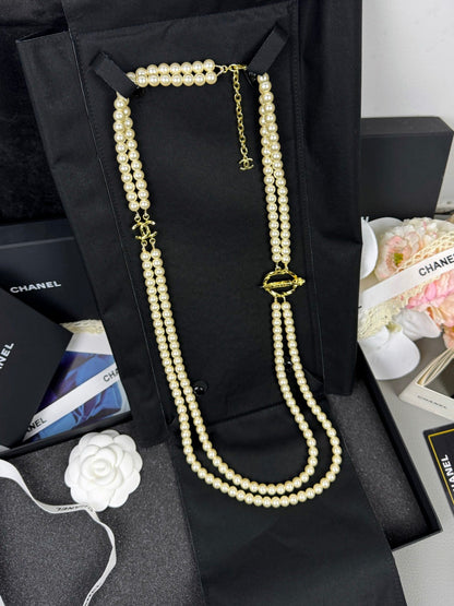 [Triumph Jewelry]25K Pencil Double C Double-Layer Pearl Sweater Chain