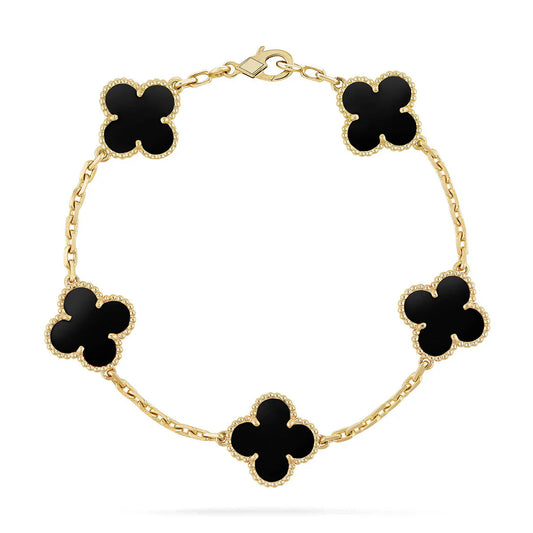 [Triumph Jewelry]FIVE MOTIF FOUR-LEAF CLOVER BLACK ONYX 18K SOLID GOLD BRACELET (40% DEPOSIT)