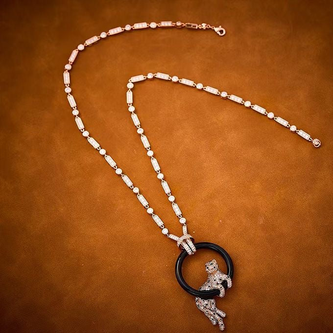 [Triumph Jewelry jewelrys]NEW BLACK CIRCLE PANTHER FULL DIAMOND NECKLACE
